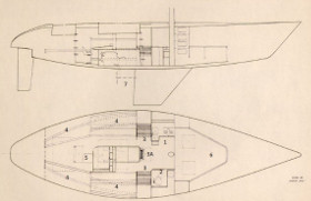 This drawing shows the interior general arrangement layout. <BR>1. This is the galley showing a two-element stove-and-double sink. <BR>2. Enclosed toilet compartment. <BR>3. Teak-wood bench seats enabling the crew to get ready in there special waterproof clothing before going on deck. <BR>3A. Main steps leading to on-deck. <BR>4. Eight bunks which are made very light-weight from aluminum tube and canvas stretch to support the mattress. <BR>5. Chart table area. This is where the navigator controls the yacht’s position during racing. <BR>6. Completely open area forward of the mast where the sails are kept. <BR>7. This shows the special arrangement for the propeller and the propeller shaft. The intention is to minimize the hydrodynamic resistance by hiding the propeller behind the yachts keel. 
